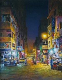 Hanif Shahzad, Night Street Saddar - Karachi, 21 x 28 Inch, Oil on Canvas, Cityscape Painting, AC-HNS-068